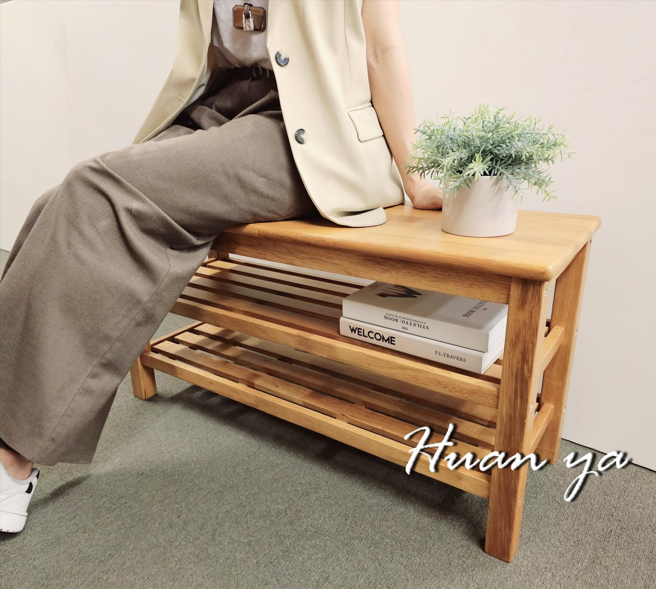 日系柚木實木坐鞋架【可當電視架/等待椅/書架/置物架】